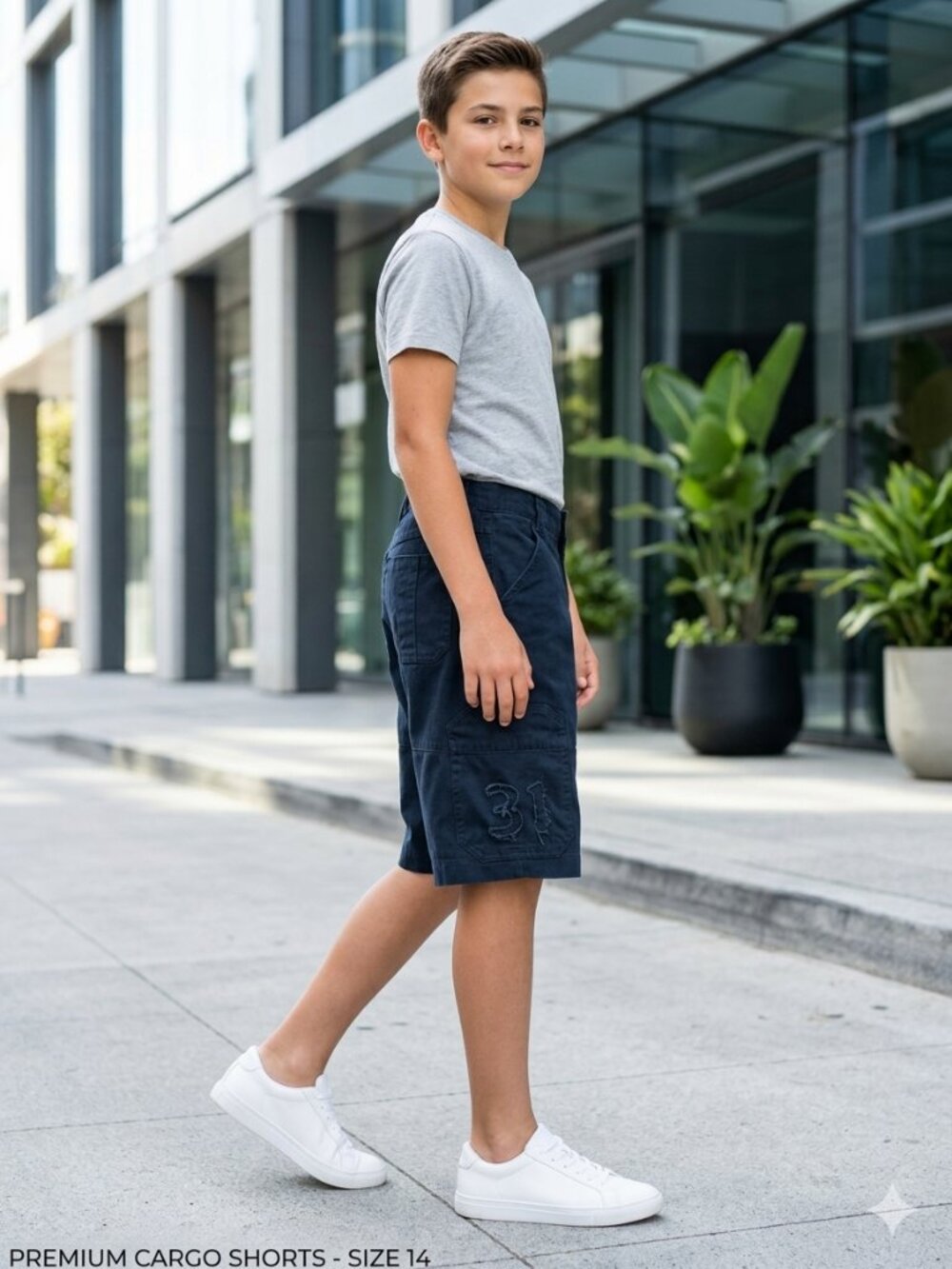 Boys Knee High 100% Cotton Flat Front Blue Grey Cargo Shorts Size 14, 4 Pockets